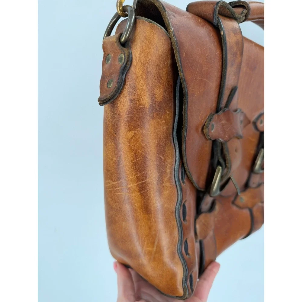 Handmade Leather Satchel Bag Unisex Medium Brown Western Boho Artisan Messenger‎